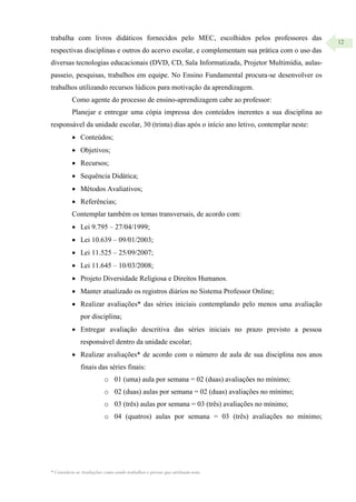 * Considera-se Avaliações como sendo trabalhos e provas que atribuam nota.
12
trabalha com livros didáticos fornecidos pelo MEC, escolhidos pelos professores das
respectivas disciplinas e outros do acervo escolar, e complementam sua prática com o uso das
diversas tecnologias educacionais (DVD, CD, Sala Informatizada, Projetor Multimídia, aulas-
passeio, pesquisas, trabalhos em equipe. No Ensino Fundamental procura-se desenvolver os
trabalhos utilizando recursos lúdicos para motivação da aprendizagem.
Como agente do processo de ensino-aprendizagem cabe ao professor:
Planejar e entregar uma cópia impressa dos conteúdos inerentes a sua disciplina ao
responsável da unidade escolar, 30 (trinta) dias após o início ano letivo, contemplar neste:
 Conteúdos;
 Objetivos;
 Recursos;
 Sequência Didática;
 Métodos Avaliativos;
 Referências;
Contemplar também os temas transversais, de acordo com:
 Lei 9.795 – 27/04/1999;
 Lei 10.639 – 09/01/2003;
 Lei 11.525 – 25/09/2007;
 Lei 11.645 – 10/03/2008;
 Projeto Diversidade Religiosa e Direitos Humanos.
 Manter atualizado os registros diários no Sistema Professor Online;
 Realizar avaliações* das séries iniciais contemplando pelo menos uma avaliação
por disciplina;
 Entregar avaliação descritiva das séries iniciais no prazo previsto a pessoa
responsável dentro da unidade escolar;
 Realizar avaliações* de acordo com o número de aula de sua disciplina nos anos
finais das séries finais:
o 01 (uma) aula por semana = 02 (duas) avaliações no mínimo;
o 02 (duas) aulas por semana = 02 (duas) avaliações no mínimo;
o 03 (três) aulas por semana = 03 (três) avaliações no mínimo;
o 04 (quatros) aulas por semana = 03 (três) avaliações no mínimo;
 