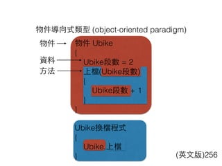 物件導向式類型 (object-oriented paradigm)
(英⽂文版)256
物件 Ubike
{
Ubike段數 = 2
上檔(Ubike段數)
{
Ubike段數 + 1
}
}
Ubike換檔程式
{
Ubike.上檔
}
資料
⽅方法
物件
 