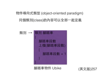 物件導向式類型 (object-oriented paradigm)
類別 腳踏⾞車
{
腳踏⾞車段數
上檔(腳踏⾞車段數)
{
腳踏⾞車段數 + 1
}
}
(英⽂文版)257腳踏⾞車物件 Ubike
類別
同個類別(class)的內容可以全部⼀一起定義
 