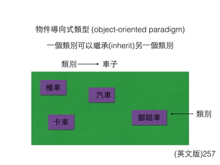 物件導向式類型 (object-oriented paradigm)
(英⽂文版)257
⼀一個類別可以繼承(inherit)另⼀一個類別
⾞車⼦子類別
汽⾞車
機⾞車
卡⾞車
腳踏⾞車 類別
 