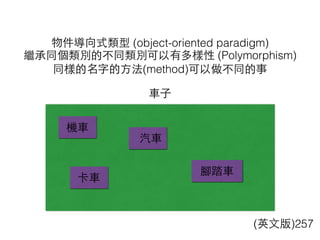 物件導向式類型 (object-oriented paradigm)
(英⽂文版)257
⾞車⼦子
汽⾞車
機⾞車
卡⾞車
腳踏⾞車
繼承同個類別的不同類別可以有多樣性 (Polymorphism)
同樣的名字的⽅方法(method)可以做不同的事
 