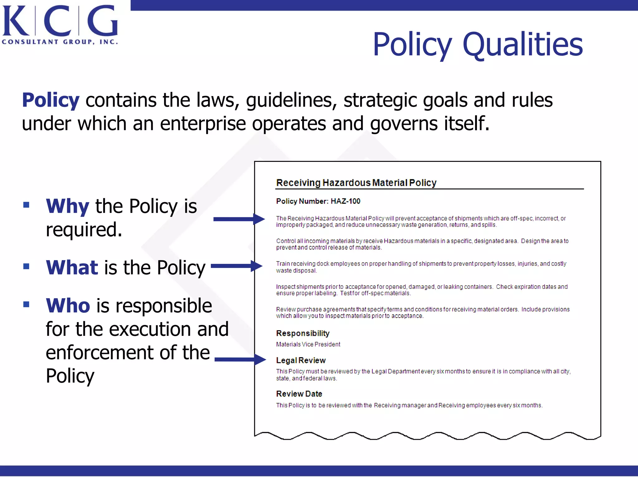 Policy Qualities
Policy contains the laws, guidelines, strategic goals and rules
under which an enterprise operates and governs itself.



 Why the Policy is
  required.
 What is the Policy
 Who is responsible
  for the execution and
  enforcement of the
  Policy
 