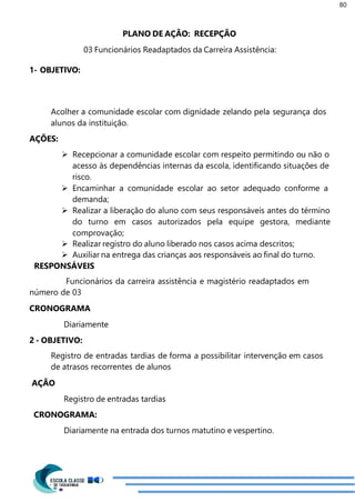 80
1- OBJETIVO:
PLANO DE AÇÃO: RECEPÇÃO
03 Funcionários Readaptados da Carreira Assistência:
Acolher a comunidade escolar com dignidade zelando pela segurança dos
alunos da instituição.
AÇÕES:
 Recepcionar a comunidade escolar com respeito permitindo ou não o
acesso às dependências internas da escola, identificando situações de
risco.
 Encaminhar a comunidade escolar ao setor adequado conforme a
demanda;
 Realizar a liberação do aluno com seus responsáveis antes do término
do turno em casos autorizados pela equipe gestora, mediante
comprovação;
 Realizar registro do aluno liberado nos casos acima descritos;
 Auxiliar na entrega das crianças aos responsáveis ao final do turno.
RESPONSÁVEIS
Funcionários da carreira assistência e magistério readaptados em
número de 03
CRONOGRAMA
Diariamente
2 - OBJETIVO:
Registro de entradas tardias de forma a possibilitar intervenção em casos
de atrasos recorrentes de alunos
AÇÃO
Registro de entradas tardias
CRONOGRAMA:
Diariamente na entrada dos turnos matutino e vespertino.
 
