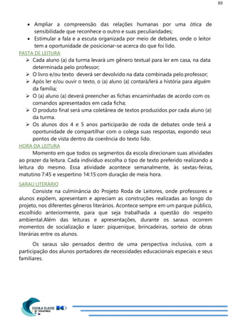 89
 Ampliar a compreensão das relações humanas por uma ótica de
sensibilidade que reconhece o outro e suas peculiaridades;
 Estimular a fala e a escuta organizada por meio de debates, onde o leitor
tem a oportunidade de posicionar-se acerca do que foi lido.
PASTA DE LEITURA
 Cada aluno (a) da turma levará um gênero textual para ler em casa, na data
determinada pelo professor;
 O livro e/ou texto deverá ser devolvido na data combinada pelo professor;
 Após ler e/ou ouvir o texto, o (a) aluno (a) contará/lerá a história para alguém
da família;
 O (a) aluno (a) deverá preencher as fichas encaminhadas de acordo com os
comandos apresentados em cada ficha;
 O produto final será uma coletânea de textos produzidos por cada aluno (a)
da turma.
 Os alunos dos 4 e 5 anos participarão de roda de debates onde terá a
oportunidade de compartilhar com o colega suas respostas, expondo seus
pontos de vista dentro da coerência do texto lido.
HORA DA LEITURA
Momento em que todos os segmentos da escola direcionam suas atividades
ao prazer da leitura. Cada indivíduo escolha o tipo de texto preferido realizando a
leitura do mesmo. Essa atividade acontece semanalmente, às sextas-feiras,
matutino 7:45 e vespertino 14:15 com duração de meia hora.
SARAU LITERÁRIO
Consiste na culminância do Projeto Roda de Leitores, onde professores e
alunos expõem, apresentam e apreciam as construções realizadas ao longo do
projeto, nos diferentes gêneros literários. Acontece sempre em um parque público,
escolhido anteriormente, para que seja trabalhada a questão do respeito
ambiental.Além das leituras e apresentações, durante os saraus ocorrem
momentos de socialização e lazer: piquenique, brincadeiras, sorteio de obras
literárias entre os alunos.
Os saraus são pensados dentro de uma perspectiva inclusiva, com a
participação dos alunos portadores de necessidades educacionais especiais e seus
familiares.
 