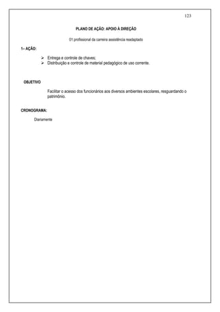 123
PLANO DE AÇÃO: APOIO À DIREÇÃO
01 profissional da carreira assistência readaptado
1– AÇÃO:
 Entrega e controle de chaves;
 Distribuição e controle de material pedagógico de uso corrente.
OBJETIVO
Facilitar o acesso dos funcionários aos diversos ambientes escolares, resguardando o
patrimônio.
CRONOGRAMA:
Diariamente
 