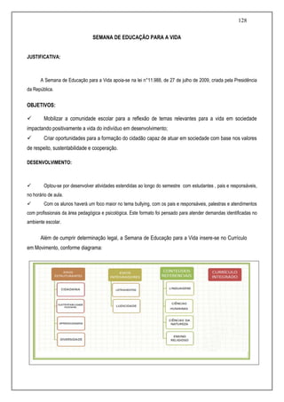 128
SEMANA DE EDUCAÇÃO PARA A VIDA
JUSTIFICATIVA:
A Semana de Educação para a Vida apoia-se na lei n°11.988, de 27 de julho de 2009, criada pela Presidência
da República.
OBJETIVOS:
 Mobilizar a comunidade escolar para a reflexão de temas relevantes para a vida em sociedade
impactando positivamente a vida do indivíduo em desenvolvimento;
 Criar oportunidades para a formação do cidadão capaz de atuar em sociedade com base nos valores
de respeito, sustentabilidade e cooperação.
DESENVOLVIMENTO:
 Optou-se por desenvolver atividades estendidas ao longo do semestre com estudantes , pais e responsáveis,
no horário de aula.
 Com os alunos haverá um foco maior no tema bullying, com os pais e responsáveis, palestras e atendimentos
com profissionais da área pedagógica e psicológica. Este formato foi pensado para atender demandas identificadas no
ambiente escolar.
Além de cumprir determinação legal, a Semana de Educação para a Vida insere-se no Currículo
em Movimento, conforme diagrama:
 