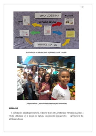 132
Possibilidades de textos a serem explorados durante o projeto
Crianças na feira – possibilidades de explorações matemáticas
AVALIAÇÃO:
A avaliação será realizada periodicamente, no decorrer do ano letivo, enfatizando a vivência do educando e a
relação estabelecida com o alcance dos objetivos, proporcionando replanejamento e aprimoramento das
atividades realizadas.
 