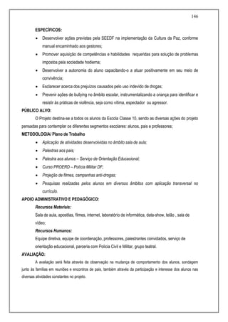 146
ESPECÍFICOS:
 Desenvolver ações previstas pela SEEDF na implementação da Cultura da Paz, conforme
manual encaminhado aos gestores;
 Promover aquisição de competências e habilidades requeridas para solução de problemas
impostos pela sociedade hodierna;
 Desenvolver a autonomia do aluno capacitando-o a atuar positivamente em seu meio de
convivência;
 Esclarecer acerca dos prejuízos causados pelo uso indevido de drogas;
 Prevenir ações de bullying no âmbito escolar, instrumentalizando a criança para identificar e
resistir às práticas de violência, seja como vítima, espectador ou agressor.
PÚBLICO ALVO:
O Projeto destina-se a todos os alunos da Escola Classe 10, sendo as diversas ações do projeto
pensadas para contemplar os diferentes segmentos escolares: alunos, pais e professores;
METODOLOGIA/ Plano de Trabalho
 Aplicação de atividades desenvolvidas no âmbito sala de aula;
 Palestras aos pais;
 Palestra aos alunos – Serviço de Orientação Educacional;
 Curso PROERD – Polícia Militar DF;
 Projeção de filmes, campanhas anti-drogas;
 Pesquisas realizadas pelos alunos em diversos âmbitos com aplicação transversal no
currículo.
APOIO ADMINISTRATIVO E PEDAGÓGICO:
Recursos Materiais:
Sala de aula, apostilas, filmes, internet, laboratório de informática, data-show, telão , sala de
vídeo;
Recursos Humanos:
Equipe diretiva, equipe de coordenação, professores, palestrantes convidados, serviço de
orientação educacional, parceria com Policia Civil e Militar, grupo teatral.
AVALIAÇÃO:
A avaliação será feita através de observação na mudança de comportamento dos alunos, sondagem
junto às famílias em reuniões e encontros de pais, também através da participação e interesse dos alunos nas
diversas atividades constantes no projeto.
 