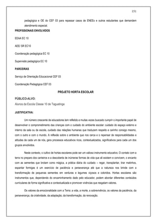 151
pedagógica e OE do CEF 03 para repassar casos de ENEEs e outros estudantes que demandem
atendimento especial.
PROFISSIONAIS ENVOLVIDOS
EEAA EC 10
AEE/ SR EC10
Coordenação pedagógica EC 10
Supervisão pedagógica EC 10
PARCEIRAS
Serviço de Orientação Educacional CEF 03
Coordenação Pedagógica CEF 03
PROJETO HORTA ESCOLAR
PÚBLICO-ALVO:
Alunos da Escola Classe 10 de Taguatinga
JUSTIFICATIVA:
Um número crescente de educadores tem refletido e muitas vezes buscado cumprir o importante papel de
desenvolver o comprometimento das crianças com o cuidado do ambiente escolar: cuidado do espaço externo e
interno da sala ou da escola, cuidado das relações humanas que traduzem respeito e carinho consigo mesmo,
com o outro e com o mundo. A reflexão sobre o ambiente que nos cerca e o repensar de responsabilidades e
atitudes de cada um de nós, gera processos educativos ricos, contextualizados, significativos para cada um dos
grupos envolvidos.
Neste contexto, o cultivo de hortas escolares pode ser um valioso instrumento educativo. O contato com a
terra no preparo dos canteiros e a descoberta de inúmeras formas de vida que ali existem e convivem, o encanto
com as sementes que brotam como mágica, a prática diária do cuidado – regar, transplantar, tirar matinhos,
espantar formigas é um exercício de paciência e perseverança até que a natureza nos brinde com a
transformação de pequenas sementes em verduras e legumes viçosos e coloridos. Hortas escolares são
instrumentos que, dependendo do encaminhamento dado pelo educador, podem abordar diferentes conteúdos
curriculares de forma significativa e contextualizada e promover vivências que resgatam valores.
Os valores da emocionalidade com a Terra: a vida, a morte, a sobrevivência, os valores da paciência, da
perseverança, da criatividade, da adaptação, da transformação, da renovação.
 