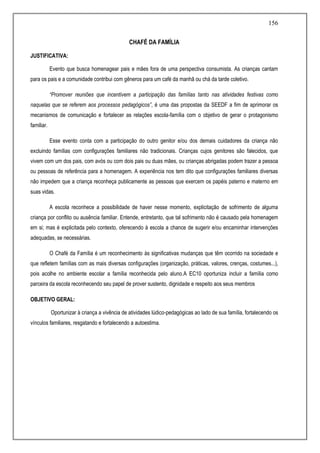 156
CHAFÉ DA FAMÍLIA
JUSTIFICATIVA:
Evento que busca homenagear pais e mães fora de uma perspectiva consumista. As crianças cantam
para os pais e a comunidade contribui com gêneros para um café da manhã ou chá da tarde coletivo.
“Promover reuniões que incentivem a participação das famílias tanto nas atividades festivas como
naquelas que se referem aos processos pedagógicos”, é uma das propostas da SEEDF a fim de aprimorar os
mecanismos de comunicação e fortalecer as relações escola-família com o objetivo de gerar o protagonismo
familiar.
Esse evento conta com a participação do outro genitor e/ou dos demais cuidadores da criança não
excluindo famílias com configurações familiares não tradicionais. Crianças cujos genitores são falecidos, que
vivem com um dos pais, com avós ou com dois pais ou duas mães, ou crianças abrigadas podem trazer a pessoa
ou pessoas de referência para a homenagem. A experiência nos tem dito que configurações familiares diversas
não impedem que a criança reconheça publicamente as pessoas que exercem os papéis paterno e materno em
suas vidas.
A escola reconhece a possibilidade de haver nesse momento, explicitação de sofrimento de alguma
criança por conflito ou ausência familiar. Entende, entretanto, que tal sofrimento não é causado pela homenagem
em si; mas é explicitada pelo contexto, oferecendo à escola a chance de sugerir e/ou encaminhar intervenções
adequadas, se necessárias.
O Chafé da Família é um reconhecimento às significativas mudanças que têm ocorrido na sociedade e
que refletem famílias com as mais diversas configurações (organização, práticas, valores, crenças, costumes...),
pois acolhe no ambiente escolar a família reconhecida pelo aluno.A EC10 oportuniza incluir a família como
parceira da escola reconhecendo seu papel de prover sustento, dignidade e respeito aos seus membros
OBJETIVO GERAL:
Oportunizar à criança a vivência de atividades lúdico-pedagógicas ao lado de sua família, fortalecendo os
vínculos familiares, resgatando e fortalecendo a autoestima.
 
