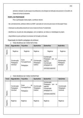 204
série/ano indicada (o) pela equipe de professores e da direção da instituição educacional no Conselho de
Classe da turma do estudante.
PERFIL DO PROFESSOR
Para a participação neste projeto, o professor deverá:
- Ser, prioritariamente, professor efetivo da SEDF, aprovado em concurso para atuar em Educação Física;
- interessar-se pela prática docente em anos iniciais do Ensino Fundamental;
- Identificar-se, do ponto de vista pedagógico, com os objetivos, as metas e a metodologia do projeto;
- disponibilizar-se para participar do processo de formação continuada.
Organização do trabalho pedagógico do professor
 PARA REGÊNCIA NO TURNO MATUTINO:
Turno Segunda-feira Terça-feira Quarta-feira Quinta-feira Sexta-feira
Matutino
Regência Regência Regência Regência Regência
Vespertino
Coordenação
Pedagógica
Individual
Curso de
Formação/Coord.
Pedagógica
Coordenação
Pedagógica
Coletiva
Coordenação
Pedagógica com os
regentes.
Coordenação
pedagógica no
CEFDESC/GEEFES
Coordenação
Pedagógica
Individual
 PARA REGÊNCIA NO TURNO VESPERTINO:
Turno Segunda-feira Terça-feira Quarta-feira Quinta-feira Sexta-feira
Matutino
Coordenação
Pedagógica
Individual
Curso de
Formação/Coord.
Pedagógica
Coordenação
Pedagógica
Coletiva
Coordenação
Pedagógica com os
regentes.
Coordenação
pedagógica no
CEFDESC/GEEFES
Coordenação
Pedagógica
Individual
Vespertino
Regência Regência Regência Regência Regência
 