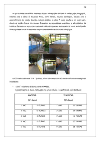 24
No que se refere aos recursos materiais a escola é bem equipada em todos os setores: jogos pedagógicos,
materiais para a prática de Educação Física, acervo literário, recursos tecnológicos, recursos para o
desenvolvimento dos projetos descritos, materiais didáticos e outros. A escola orgulha-se em poder suprir,
através da gestão eficiente dos recursos financeiros, as necessidades pedagógicas e administrativas da
instituição. Pensando na segurança do patrimônio público sob guarda e administração da escola, a atual gestão
instalou grades e trancas de segurança nas principais dependências da unidade pedagógica.
Em 2018 a Escola Classe 10 de Taguatinga, iniciou o ano letivo com 562 alunos matriculados nas seguintes
modalidades:
 Ensino Fundamental de 9 anos, sendo 40 ANEES.
Esse contingente de alunos, matriculados nos turnos matutino e vespertino está assim distribuído:
MATUTINO
(301 alunos)
VESPERTINO
(261 alunos)
1° ANO 03 TURMAS 1° ANO 01 TURMAS
2° ANO 02 TURMAS 2° ANO 04 TURMAS
3° ANO 03 TURMAS 3° ANO 02 TURMAS
4° ANO 02 TURMAS 4° ANO 03 TURMAS
5° ANO 03 TURMAS 5° ANO 03 TURMAS
 