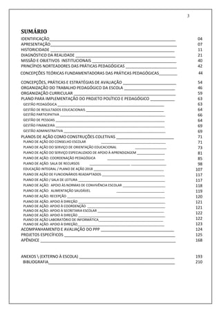 3
SUMÁRIO
IDENTIFICAÇÃO_________________________________________________________ 04
APRESENTAÇÃO_________________________________________________________ 07
HISTORICIDADE ________________________________________________________ 11
DIAGNÓSTICO DA REALIDADE _____________________________________________ 21
MISSÃO E OBJETIVOS INSTITUCIONAIS ______________________________________ 40
PRINCÍPIOS NORTEADORES DAS PRÁTICAS PEDAGÓGICAS _______________________ 42
CONCEPÇÕES, PRÁTICAS E ESTRATÉGIAS DE AVALIAÇÃO ________________________ 54
ORGANIZAÇÃO DO TRABALHO PEDAGÓGICO DA ESCOLA _______________________ 46
ORGANIZAÇÃO CURRICULAR ______________________________________________ 59
PLANO PARA IMPLEMENTAÇÃO DO PROJETO POLÍTICO E PEDAGÓGICO ___________ 63
GESTÃO PEDAGÓGICA ________________________________________________ 63
GESTÃO DE RESULTADOS EDUCACIONAIS ___________________________________ 64
GESTÃO PARTICIPATIVA _________________________________________________________ 66
GESTÃO DE PESSOAS ___________________________________________________________ 64
GESTÃO FINANCEIRA ___________________________________________________________ 69
GESTÃO ADMINISTRATIVA _______________________________________________________ 69
PLANOS DE AÇÃO COMO CONSTRUÇÕES COLETIVAS __________________________ 71
PLANO DE AÇÃO DO CONSELHO ESCOLAR ___________________________________ 71
PLANO DE AÇÃO DO SERVIÇO DE ORIENTAÇÃO EDUCACIONAL _________________ 73
PLANO DE AÇÃO DO SERVIÇO ESPECIALIZADO DE APOIO À APRENDIZAGEM _______________ 81
PLANO DE AÇÃO: COORDENAÇÃO PEDAGÓGICA _______________________________ 85
PLANO DE AÇÃO: SALA DE RECURSOS ______________________ ___________________ 98
EDUCAÇÃO INTEGRAL / PLANO DE AÇÃO 2018 ______________________________________ 107
PLANO DE AÇÃO DE FUNCIONÁRIOS READAPTADOS __________________________________ 117
PLANO DE AÇÃO / SALA DE LEITURA _______________________________________________ 117
PLANO DE AÇÃO: APOIO ÀS NORMAS DE CONVIVÊNCIA ESCOLAR _______________________ 118
PLANO DE AÇÃO: ALIMENTAÇÃO SAUDÁVEL __________________________ 119
PLANO DE AÇÃO: RECEPÇÃO _____________________________________________________ 120
PLANO DE AÇÃO: APOIO À DIREÇÃO _______________________________________________
PLANO DE AÇÃO: APOIO À COORDENÇÃO __________________________________________
PLANO DE AÇÃO: APOIO À SECRETARIA ESCOLAR ____________________________________
PLANO DE AÇÃO: APOIO À DIREÇÃO _______________________________________________
PLANO DE AÇÃO LABORATÓRIO DE INFORMÁTICA___________________________________
PLANO DE AÇÃO: APOIO À DIREÇÃO_______________________________________________
121
121
122
122
123
ACOMPANHAMENTO E AVALIAÇÃO DO PPP _________________________________ 124
PROJETOS ESPECÍFICOS __________________________________________________ 125
APÊNDICE _____________________________________________________________ 168
ANEXOS  (EXTERNO À ESCOLA) ___________________________________________ 193
BIBLIOGRAFIA_________________________________________________________ 210
CONCEPÇÕES TEÓRICAS FUNDAMENTADORAS DAS PRÁTICAS PEDAGÓGICAS_________ 44
 