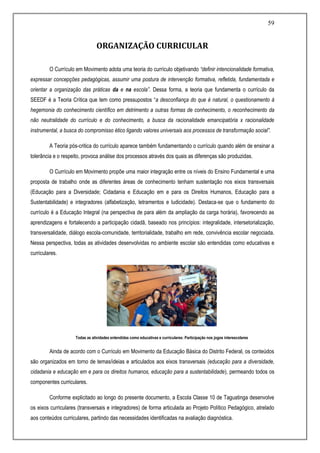 59
ORGANIZAÇÃO CURRICULAR
O Currículo em Movimento adota uma teoria do currículo objetivando “definir intencionalidade formativa,
expressar concepções pedagógicas, assumir uma postura de intervenção formativa, refletida, fundamentada e
orientar a organização das práticas da e na escola”. Dessa forma, a teoria que fundamenta o currículo da
SEEDF é a Teoria Crítica que tem como pressupostos “a desconfiança do que é natural, o questionamento à
hegemonia do conhecimento científico em detrimento a outras formas de conhecimento, o reconhecimento da
não neutralidade do currículo e do conhecimento, a busca da racionalidade emancipatória x racionalidade
instrumental, a busca do compromisso ético ligando valores universais aos processos de transformação social”.
A Teoria pós-critica do currículo aparece também fundamentando o currículo quando além de ensinar a
tolerância e o respeito, provoca análise dos processos através dos quais as diferenças são produzidas.
O Currículo em Movimento propõe uma maior integração entre os níveis do Ensino Fundamental e uma
proposta de trabalho onde as diferentes áreas de conhecimento tenham sustentação nos eixos transversais
(Educação para a Diversidade; Cidadania e Educação em e para os Direitos Humanos, Educação para a
Sustentabilidade) e integradores (alfabetização, letramentos e ludicidade). Destaca-se que o fundamento do
currículo é a Educação Integral (na perspectiva de para além da ampliação da carga horária), favorecendo as
aprendizagens e fortalecendo a participação cidadã, baseado nos princípios: integralidade, intersetorialização,
transversalidade, diálogo escola-comunidade, territorialidade, trabalho em rede, convivência escolar negociada.
Nessa perspectiva, todas as atividades desenvolvidas no ambiente escolar são entendidas como educativas e
curriculares.
Todas as atividades entendidas como educativas e curriculares: Participação nos jogos interescolares
Ainda de acordo com o Currículo em Movimento da Educação Básica do Distrito Federal, os conteúdos
são organizados em torno de temas/ideias e articulados aos eixos transversais (educação para a diversidade,
cidadania e educação em e para os direitos humanos, educação para a sustentabilidade), permeando todos os
componentes curriculares.
Conforme explicitado ao longo do presente documento, a Escola Classe 10 de Taguatinga desenvolve
os eixos curriculares (transversais e integradores) de forma articulada ao Projeto Político Pedagógico, atrelado
aos conteúdos curriculares, partindo das necessidades identificadas na avaliação diagnóstica.
 
