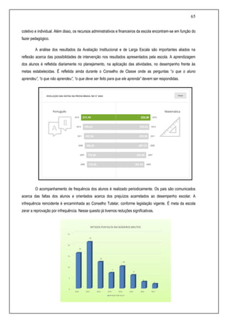 65
coletivo e individual. Além disso, os recursos administrativos e financeiros da escola encontram-se em função do
fazer pedagógico.
A análise dos resultados da Avaliação Institucional e de Larga Escala são importantes aliados na
reflexão acerca das possibilidades de intervenção nos resultados apresentados pela escola. A aprendizagem
dos alunos é refletida diariamente no planejamento, na aplicação das atividades, no desempenho frente às
metas estabelecidas. É refletida ainda durante o Conselho de Classe onde as perguntas “o que o aluno
aprendeu”, “o que não aprendeu”, “o que deve ser feito para que ele aprenda” devem ser respondidas.
O acompanhamento de frequência dos alunos é realizado periodicamente. Os pais são comunicados
acerca das faltas dos alunos e orientados acerca dos prejuízos acarretados ao desempenho escolar. A
infrequência reincidente é encaminhada ao Conselho Tutelar, conforme legislação vigente. É meta da escola
zerar a reprovação por infrequência. Nesse quesito já tivemos reduções significativas.
 