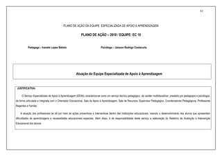 81
PLANO DE AÇÃO DA EQUIPE ESPECIALIZADA DE APOIO À APRENDIZAGEM
PLANO DE AÇÃO – 2018 / EQUIPE: EC 10
Pedagoga – Ivanete Lopes Batista Psicólogo – Jaisson Rodrigo Costacurta
Atuação do Equipe Especializada de Apoio à Aprendizagem
JUSTIFICATIVA:
O Serviço Especializado de Apoio à Aprendizagem (EEAA) caracteriza-se como um serviço técnico pedagógico, de caráter multidisciplinar, prestado por pedagogos e psicólogos,
de forma articulada e integrada com o Orientador Educacional, Sala de Apoio à Aprendizagem, Sala de Recursos, Supervisor Pedagógico, Coordenadores Pedagógicos, Professores
Regentes e Família.
A atuação dos profissionais se dá por meio de ações preventivas e interventivas dentro das instituições educacionais, visando o desenvolvimento dos alunos que apresentam
dificuldades de aprendizagens e necessidades educacionais especiais. Além disso, é de responsabilidade deste serviço a elaboração do Relatório de Avaliação e Intervenção
Educacional dos alunos.
 