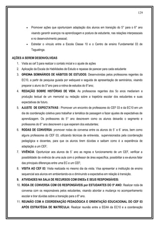 129
• Promover ações que oportunizem adaptação dos alunos em transição do 5° para o 6° ano
visando garantir avanços na aprendizagem e postura de estudante, nas relações interpessoais
e no desenvolvimento pessoal;
• Estreitar o vínculo entre a Escola Classe 10 e o Centro de ensino Fundamental 03 de
Taguatinga.
AÇÕES A SEREM DESENVOLVIDAS
1. Visita ao cef 3 para realizar o contato inicial e o ajuste de ações
2. Aplicação da Escala de Habilidades de Estudo e repasse de parecer para cada estudante
3. OFICINA SEMINÁRIOS DE HÁBITOS DE ESTUDOS: Desenvolvidas pelos professores regentes da
EC10, a partir de pesquisa guiada por webquest e seguida de apresentação de seminários, visando
preparar o aluno do 5°ano para a rotina de estudos do 6°ano;
4. REDAÇÃO SOBRE HISTÓRIAS DE VIDA: As professoras regentes dos 5o anos mediariam a
produção textual de um memorial ou redação sobre a trajetória escolar dos estudantes e suas
expectativas de futuro.
5. AJUSTE DE EXPECTATIVAS : Promover um encontro de professores do CEF 03 e da EC10 em um
dia de coordenação coletiva para trabalhar a temática da passagem e fazer ajustes de expectativas de
aprendizagem. Os professores do 5° ano descrevem como os alunos deixarão o segmento e
professores do 6° ano descrevem o que esperam dos estudantes;
6. RODAS DE CONVERSA: promover rodas de conversa entre os alunos do 5˚ e 6˚ anos, bem como
alguns professores do CEF 03, utilizando técnicas de entrevista, supervisionados pela coordenação
pedagógica e docentes, para que os alunos tirem dúvidas e saibam como é a experiência de
adaptação a um CEF;
7. VIVÊNCIA: Oportunizar aos alunos de 5˚ ano as regras e funcionamento de um CEF, verificar a
possibilidade da vivência de uma aula com o professor de área específica, possibilitar a ex-alunos falar
das principais diferenças entre uma EC e um CEF;
8. VISITA AO CEF 03: Visita realizada no mesmo dia da visita. Visa apresentar a instituição de ensino
sequencial aos alunos em ambientando-os e diminuindo a expectativa em relação à transição.
9. ATIVIDADES NA SALA DE RECURSOS COM ENEEs E SEUS RESPONSÁVEIS:
10. RODA DE CONVERSA COM OS RESPONSÁVEIS por ESTUDANTES DO 5º ANO: Realizar roda de
conversa com os responsáveis pelos estudantes, visando abordar a mudança no acompanhamento
escolar e tirar dúvidas sobre a transição para o 6º ano.
11. REUNIÃO COM A COORDENAÇÃO PEDAGÓGICA E ORIENTAÇÃO EDUCACIONAL DO CEF 03
APÓS ESTRATÉGIA DE MATRÍCULA: Realizar reunião entre a EEAA da EC10 e a coordenação
 