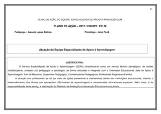 81
PLANO DE AÇÃO DO EQUIPE ESPECIALIZADA DE APOIO À APRENDIZAGEM
PLANO DE AÇÃO – 2017 / EQUIPE: EC 10
Pedagoga – Ivanete Lopes Batista Psicóloga – Anai Penã
Atuação do Equipe Especializada de Apoio à Aprendizagem
JUSTIFICATIVA:
O Serviço Especializado de Apoio à Aprendizagem (EEAA) caracteriza-se como um serviço técnico pedagógico, de caráter
multidisciplinar, prestado por pedagogos e psicólogos, de forma articulada e integrada com o Orientador Educacional, Sala de Apoio à
Aprendizagem, Sala de Recursos, Supervisor Pedagógico, Coordenadores Pedagógicos, Professores Regentes e Família.
A atuação dos profissionais se dá por meio de ações preventivas e interventivas dentro das instituições educacionais, visando o
desenvolvimento dos alunos que apresentam dificuldades de aprendizagens e necessidades educacionais especiais. Além disso, é de
responsabilidade deste serviço a elaboração do Relatório de Avaliação e Intervenção Educacional dos alunos.
 