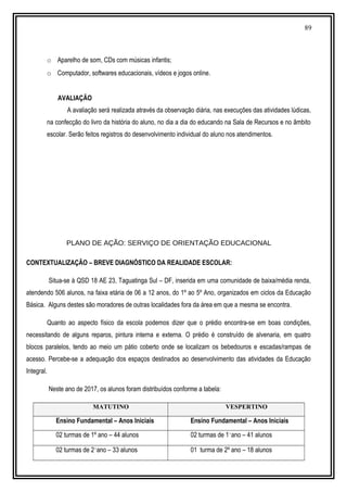 89
o Aparelho de som, CDs com músicas infantis;
o Computador, softwares educacionais, vídeos e jogos online.
AVALIAÇÃO
A avaliação será realizada através da observação diária, nas execuções das atividades lúdicas,
na confecção do livro da história do aluno, no dia a dia do educando na Sala de Recursos e no âmbito
escolar. Serão feitos registros do desenvolvimento individual do aluno nos atendimentos.
PLANO DE AÇÃO: SERVIÇO DE ORIENTAÇÃO EDUCACIONAL
CONTEXTUALIZAÇÃO – BREVE DIAGNÓSTICO DA REALIDADE ESCOLAR:
Situa-se à QSD 18 AE 23, Taguatinga Sul – DF, inserida em uma comunidade de baixa/média renda,
atendendo 506 alunos, na faixa etária de 06 a 12 anos, do 1º ao 5º Ano, organizados em ciclos da Educação
Básica. Alguns destes são moradores de outras localidades fora da área em que a mesma se encontra.
Quanto ao aspecto físico da escola podemos dizer que o prédio encontra-se em boas condições,
necessitando de alguns reparos, pintura interna e externa. O prédio é construído de alvenaria, em quatro
blocos paralelos, tendo ao meio um pátio coberto onde se localizam os bebedouros e escadas/rampas de
acesso. Percebe-se a adequação dos espaços destinados ao desenvolvimento das atividades da Educação
Integral.
Neste ano de 2017, os alunos foram distribuídos conforme a tabela:
MATUTINO VESPERTINO
Ensino Fundamental – Anos Iniciais Ensino Fundamental – Anos Iniciais
02 turmas de 1º ano – 44 alunos 02 turmas de 1˚ano – 41 alunos
02 turmas de 2˚ano – 33 alunos 01 turma de 2º ano – 18 alunos
 