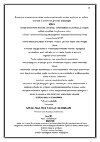 99
Proporcionar ao estudante da unidade escolar uma alimentação saudável, equilibrada, em perfeitas
condições de conservação, preparo e apresentação
AÇÕES
Realizar o recebimento do lanche, verificando a conformidade da documentação, a pesagem,
validade e qualidade dos gêneros recebidos;
Conduzir o armazenamento adequado dos gêneros recebidos em conformidade com as
orientações da SEEDF;
Orientar e fiscalizar o preparo do alimento servido na Educação Regular e na Educação
Integral;
Comunicar à equipe gestora as necessidades identificadas relativas a aquisições e
manutenções a serem realizadas na cozinha e/ou depósito de alimentos;
Organizar o mapa da merenda;
Prestar esclarecimentos em nível regional sempre que solicitado;
Realizar adequação do cardápio quando necessário em função da falta de determinado
gênero;
Disponibilizar o cardápio de alimentação da escola nos canais de comunicação acessíveis ao
corpo docente e comunidade escolar, contribuindo com a consolidação da gestão democrática
através do acesso à informação.
Incentivar o consumo consciente do lanche escolar;
Articular com a equipe pedagógica e gestora da instituição a fim de adequar horários e
cardápios em função das atividades pedagógicas realizadas fora do espaço escolar;
Zelar pelas condições de higiene da cozinha e dependências permitindo ou restringindo o
acesso de pessoas ao local, sempre com paramentação adequada.
RESPONSÁVEL / CRONOGRAMA
Professor readaptado
Diariamente.
PLANO DE AÇÃO: APOIO À DIREÇÃO E COORDENAÇÃO
Professor com Restrição Temporária
1– AÇÃO
Apoio à coordenação
OBJETIVO
Apoiar a coordenação pedagógica na execução de seu plano de ação nas atividades que forem
designadas, sempre em conformidade com as restrições laborativas expressas em documento próprio
Imprimir matriz de atividades
Controle e entrega de chaves
Controle e entrega de materiais pedagógicos
 