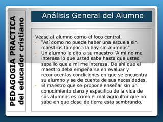 Véase al alumno como el foco central.
• “Así como no puede haber una escuela sin
maestros tampoco la hay sin alumnos”
• Un alumno le dijo a su maestro ”A mi no me
interesa lo que usted sabe hasta que usted
sepa lo que a mi me interesa. De ahí que el
maestro deba empeñarse en evaluar y
reconocer las condiciones en que se encuentra
su alumno y se de cuenta de sus necesidades.
• El maestro que se propone enseñar sin un
conocimiento claro y especifico de la vida de
sus alumnos es como el mal agricultor que no
sabe en que clase de tierra esta sembrando.
PEDAGOGIAPRACTICA
deleducadorcristiano
Análisis General del Alumno
 
