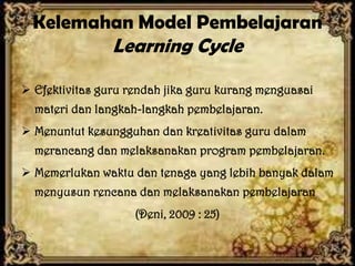 Kelemahan Model Pembelajaran
                Learning Cycle

 Efektivitas guru rendah jika guru kurang menguasai
  materi dan langkah-langkah pembelajaran.
 Menuntut kesungguhan dan kreativitas guru dalam
  merancang dan melaksanakan program pembelajaran.
 Memerlukan waktu dan tenaga yang lebih banyak dalam
  menyusun rencana dan melaksanakan pembelajaran
                    (Deni, 2009 : 25)
 
