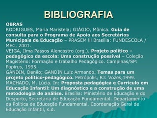 BIBLIOGRAFIA OBRAS RODRIGUES, Maria Maristela; GIÁGIO, Mônica.  Guia de consulta para o Programa de Apoio aos Secretários Municipais de Educação  – PRASEM lll Brasília: FUNDESCOLA / MEC, 2001. VEIGA, Ilma Passos Alencastro (org.) .  Projeto político – pedagógico da escola: Uma construção possível   – Coleção Magistério: Formação e trabalho Pedagógico. Campinas/SP: Papirus, 1995.  GANDIN, Danilo; GANDIN Luiz Armando.  Temas para um projeto político-pedagógico.  Petrópolis, RJ: Vozes,1999.  MACHADO, M. Lúcia. In:  Proposta pedagógica e Currículo   em Educação Infantil: Um diagnóstico e a construção de uma metodologia de análise.  Brasília: Ministério de Educação e do Desporto, Secretaria de Educação Fundamental. Departamento da Política de Educação Fundamental. Coordenação Geral de Educação Infantil, s.d. 