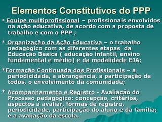 Elementos Constitutivos do PPP *   Equipe multiprofissional  – profissionais envolvidos na ação educativa, de acordo com a proposta de trabalho e com o PPP ; *  Organização da Ação Educativa  – o trabalho pedagógico com as diferentes etapas  da Educação Básica ( educação infantil, ensino fundamental e médio) e da modalidade EJA; * Formação Continuada dos Profissionais  – a periodicidade, a abrangência, a participação de todos, o envolvimento da comunidade; *  Acompanhamento e Registro  - Avaliação do Processo pedagógico: concepção, critérios, aspectos a avaliar, formas de registro, periodicidade, participação do aluno e da família; e a avaliação da escola. 
