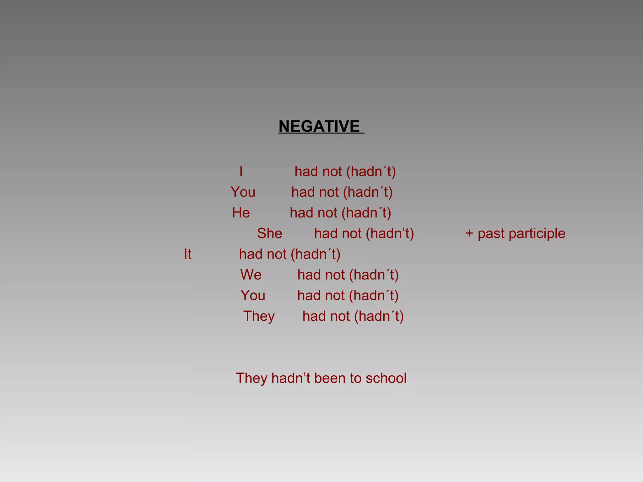 NEGATIVE

      I        had not (hadn´t)
     You      had not (hadn´t)
     He       had not (hadn´t)
         She     had not (hadn’t)   + past participle
It    had not (hadn´t)
      We       had not (hadn´t)
      You      had not (hadn´t)
       They     had not (hadn´t)



     They hadn’t been to school
 