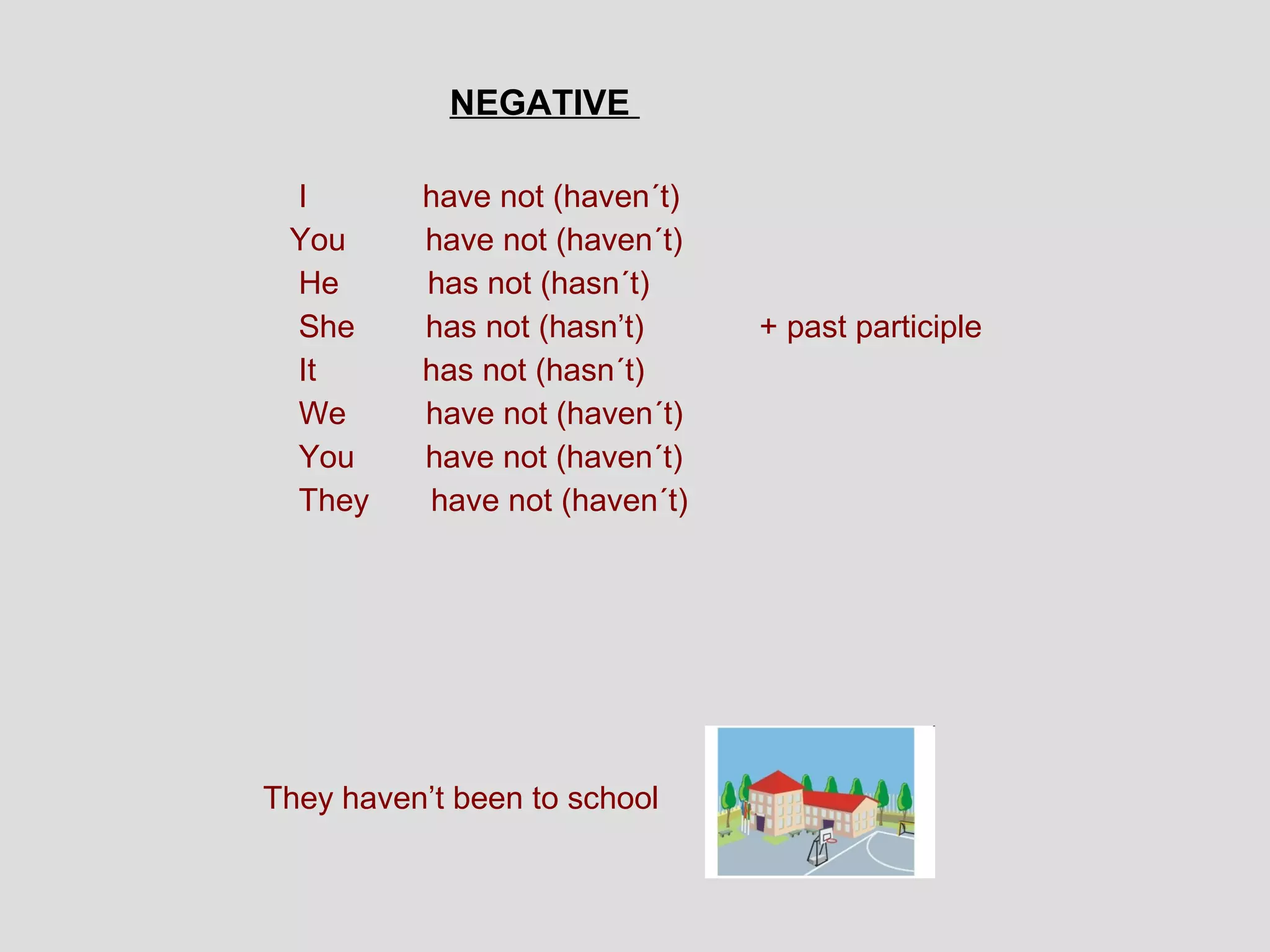 NEGATIVE

 I        have not (haven´t)
 You      have not (haven´t)
 He       has not (hasn´t)
 She      has not (hasn’t)     + past participle
 It       has not (hasn´t)
 We       have not (haven´t)
 You      have not (haven´t)
 They     have not (haven´t)




They haven’t been to school
 