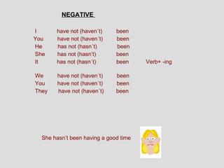 NEGATIVE

I      have not (haven´t)     been
You    have not (haven´t)     been
He     has not (hasn´t)       been
She    has not (hasn’t)       been
It     has not (hasn´t)       been     Verb+ -ing

We     have not (haven´t)     been
You    have not (haven´t)     been
They   have not (haven´t)     been




  She hasn’t been having a good time
 