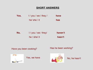 SHORT ANSWERS


    Yes,      I / you / we / they /        have
               he/ she / it                has




    No,       I / you / we / they/         haven’t
               he / she/ it                 hasn’t




Have you been cooking?                Has he been working?



            Yes, we have                             No, he hasn’t
 