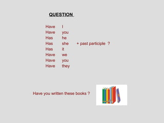 QUESTION

      Have     I
      Have     you
      Has      he
      Has      she    + past participle ?
      Has      it
      Have     we
      Have     you
      Have     they




Have you written these books ?
 