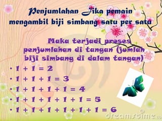 Penjumlahan Jika pemain
mengambil biji simbang satu per satu
Maka terjadi proses
penjumlahan di tangan (jumlah
biji simbang di dalam tangan)
• 1 + 1 = 2
• 1 + 1 + 1 = 3
• 1 + 1 + 1 + 1 = 4
• 1 + 1 + 1 + 1 + 1 = 5
• 1 + 1 + 1 + 1 + 1 + 1 = 6
 