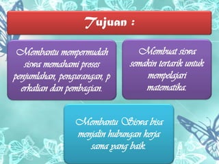 Tujuan :
Membantu mempermudah
siswa memahami proses
penjumlahan, pengurangan, p
erkalian dan pembagian.
Membantu Siswa bisa
menjalin hubungan kerja
sama yang baik.
Membuat siswa
semakin tertarik untuk
mempelajari
matematika.
 