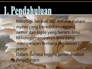 1. Mikologi berasal dari bahasa Yunani
mykes yang berarti Cendawan /
Jamur dan logos yang berarti ilmu.
2. Mikologi merupakan ilmu yang
mempelajari tentang cendawan /
jamur.
3. Dalam bahasa Inggris jamur disebut
fungi/fungus.
 