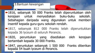 3.Bantuan kewangan
1816, sebanyak 50 000 Franks telah diperuntukkan oleh
kerajaan untuk menyediakan buku-buku sekolah.
Sebahagian daripada wang digunakan untuk memberi
insentif kepada guru-guru sekolah rendah.
1817, sebanyak 812 000 Franks telah diperuntukkan
kepada 36 lyceum di seluruh Perancis.
1820, peruntukan yang disediakan oleh kerajaan
bertambah kepada 30 000 Franks.
1847, peruntukan sebanyak 1 500 000 Franks diberikan
kepada 54 buah lyceum di Perancis.
 