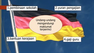 Undang-undang
mengandungi
maklumat
terperinci
4.gaji guru
1.pembinaan sekolah 2.yuran pengajian
3.bantuan kerajaan
 