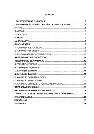 2
SUMÁRIO
1 CARACTERIZAÇÃO DA ESCOLA ..........................................................................3
2 APRESENTAÇÃO DA VISÃO, MISSÃO, OBJETIVOS E METAS...........................5
2.1 VISÃO .....................................................................................................................5
2.2 MISSÃO ..................................................................................................................5
2.3 OBJETIVOS ............................................................................................................5
2.4 METAS...................................................................................................................5
3 JUSTIFICATIVA.........................................................................................................6
4 FUNDAMENTOS .......................................................................................................8
4.1 FUNDAMENTOS POLÍTICOS.................................................................................8
4.2 FUNDAMENTOS ÉTICOS .....................................................................................8
4.3. FUNDAMENTOS EPISTEMOLÓGICOS..............................................................10
5 PRESSUPOSTO METODOLÓGICO .......................................................................11
6 PRESSUPOSTO DE AVALIAÇÃO..........................................................................12
6.2 FASES DA AVALIAÇÃO .......................................................................................12
6.2.1 Avaliação Diagnóstica ....................................................................................13
6.2.2 Avaliação Qualitativa .......................................................................................14
6.2.3 Avaliação Quantitativa.....................................................................................14
6.2 AVALIAÇÃO DA APRENDIZAGEM ......................................................................15
6.3 AVALIAÇÃO INSTITUCIONAL..............................................................................16
6.4 AVALIAÇÃO DO PROJETO POLÍTICO PEDAGÓGICO.......................................17
7 PROPOSTA CURRICULAR ....................................................................................18
8 PROPOSTA DE FORMAÇÃO CONTINUADA ........................................................21
9 PROPOSTA DE AÇÕES DESENVOLVIDAS COM A COMUNIDADE ..................24
10 PLANO DE AÇÃO .................................................................................................26
REFERÊNCIAS...........................................................................................................30
APRÊNDICES ............................................................................................................31
 