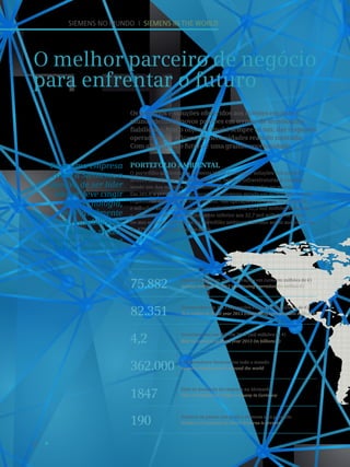 8
O melhor parceiro de negócio
para enfrentar o futuro
Siemens no Mundo I Siemens in the world
Portefólio ambiental
O portefólio ambiental da Siemens inclui produtos e soluções dos quatro
setores da empresa: Indústria, Energia, Saúde e Infraestruturas  Cidades,
sendo um dos maiores fornecedores em tecnologias verdes no mundo.
Em 2013, a percentagem de receitas da Siemens gerada em tecnologias verdes
registou de novo um ligeiro aumento. Nas operações em curso, os produtos
e soluções amigos do ambiente contribuíram com 32,3 mil milhões de euros
e, embora o valor fosse ligeiramente inferior aos 32,7 mil milhões de euros
no ano anterior, as receitas do portefólio ambiental mesmo assim aumentaram
de 42% para 43% das vendas totais.
Os produtos e soluções oferecidos aos clientes em todo o
mundo definem novos padrões em termos de tecnologia e
fiabilidade. Mas o objetivo final é sempre só um: dar respostas
operacionais e eficazes às necessidades reais do mercado.
Com a Siemens, o futuro é uma grande oportunidade.
Para uma empresa
como a Siemens, o
objetivo de ser líder
não se deve cingir
só à tecnologia,
mas igualmente
à rentabilidade
a longo prazo.
(Joe Kaeser – Presidente e
CEO da Siemens AG).
Receitas anuais em 2013 (operações em curso/em milhões de €)
Annual revenue in 2013 (continuing operations/in million €)75.882
Encomendas em 2013 (operações em curso/em milhões de €)
New orders in fiscal year 2013 (continuing operations/in million €)82.351
Data da fundação da empresa na Alemanha	
Date of foundation of the company in Germany1847
Investimentos em ID em 2013 (mil milhões de €)
RD investment in fiscal year 2013 (in billions €)4,2
Colaboradores Siemens em todo o mundo
Siemens employees all around the world362.000
Número de países nos quais a Siemens está presente	
Number of countries in which Siemens is present190
 