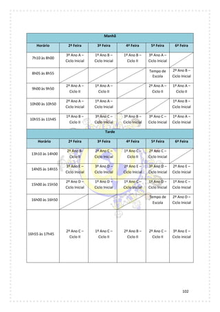 102
Manhã
Horário 2ª Feira 3ª Feira 4ª Feira 5ª Feira 6ª Feira
7h10 às 8h00
3º Ano A –
Ciclo Inicial
1º Ano B –
Ciclo Inicial
1º Ano B –
Ciclo II
3º Ano A –
Ciclo Inicial
8h05 às 8h55
Tempo de
Escola
2º Ano B –
Ciclo Inicial
9h00 às 9h50
2º Ano A –
Ciclo II
1º Ano A –
Ciclo II
2º Ano A –
Ciclo II
1º Ano A –
Ciclo II
10h00 às 10h50
2º Ano A –
Ciclo Inicial
1º Ano A –
Ciclo Inicial
1º Ano B –
Ciclo Inicial
10h55 às 11h45
1º Ano B –
Ciclo II
3º Ano C –
Ciclo Inicial
3º Ano B –
Ciclo Inicial
3º Ano C –
Ciclo Inicial
1º Ano A –
Ciclo Inicial
Tarde
Horário 2ª Feira 3ª Feira 4ª Feira 5ª Feira 6ª Feira
13h10 às 14h00
2º Ano B-
Ciclo II
2º Ano C –
Ciclo Inicial
1º Ano C –
Ciclo II
2º Ano C –
Ciclo Inicial
14h05 às 14h55
3º Ano E –
Ciclo Inicial
3º Ano D –
Ciclo Inicial
2º Ano E –
Ciclo Inicial
3º Ano D –
Ciclo Inicial
2º Ano E –
Ciclo Inicial
15h00 às 15h50
2º Ano D –
Ciclo Inicial
1º Ano D –
Ciclo Inicial
1º Ano C –
Ciclo Inicial
1º Ano D –
Ciclo Inicial
1º Ano C –
Ciclo Inicial
16h00 às 16h50
Tempo de
Escola
2º Ano D –
Ciclo Inicial
16h55 às 17h45
2º Ano C –
Ciclo II
1º Ano C –
Ciclo II
2º Ano B –
Ciclo II
2º Ano C –
Ciclo II
3º Ano E –
Ciclo inicial
 