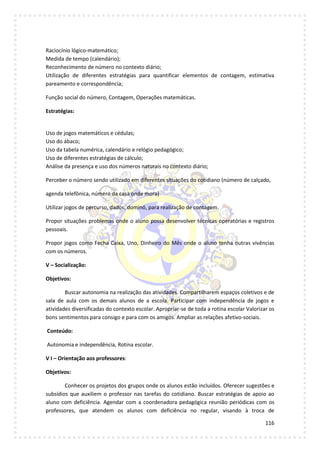 116
Função social do número, Contagem, Operações matemáticas.
Estratégias:
Análise da presença e uso dos números naturais no contexto diário;
Perceber o número sendo utilizado em diferentes situações do cotidiano (número de calçado,
agenda telefônica, número da casa onde mora)
Utilizar jogos de percurso, dados, dominó, para realização de contagem.
Propor situações problemas onde o aluno possa desenvolver técnicas operatórias e registros
pessoais.
Propor jogos como Fecha Caixa, Uno, Dinheiro do Mês onde o aluno tenha outras vivências
com os números.
V – Socialização:
Objetivos:
Buscar autonomia na realização das atividades. Compartilharem espaços coletivos e de
sala de aula com os demais alunos de a escola. Participar com independência de jogos e
atividades diversificadas do contexto escolar. Apropriar-se de toda a rotina escolar Valorizar os
bons sentimentos para consigo e para com os amigos. Ampliar as relações afetivo-sociais.
Conteúdo:
Autonomia e independência, Rotina escolar.
V I – Orientação aos professores:
Objetivos:
Conhecer os projetos dos grupos onde os alunos estão incluídos. Oferecer sugestões e
subsídios que auxiliem o professor nas tarefas do cotidiano. Buscar estratégias de apoio ao
aluno com deficiência. Agendar com a coordenadora pedagógica reunião periódicas com os
professores, que atendem os alunos com deficiência no regular, visando à troca de
Raciocínio lógico-matemático;
Medida de tempo (calendário);
Reconhecimento de número no contexto diário;
Utilização de diferentes estratégias para quantificar elementos de contagem, estimativa
pareamento e correspondência;
Uso de jogos matemáticos e cédulas;
Uso do ábaco;
Uso da tabela numérica, calendário e relógio pedagógico;
Uso de diferentes estratégias de cálculo;
 