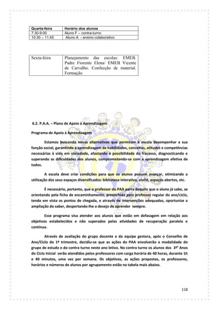 118
Quarta-feira Horário dos alunos
7:30-9:00 Aluno F – contra-turno
10:30 – 11:45 Aluno A - ensino colaborativo
Sexta-feira Planejamento das escolas: EMEB.
Padre Fiorente Elena/ EMEB Vicente
de Carvalho. Confecção de material.
Formação.
6.2. P.A.A. – Plano de Apoio à Aprendizagem
Programa de Apoio à Aprendizagem
Estamos buscando novas alternativas que permitam à escola desempenhar a sua
função social, garantindo a aprendizagem de habilidades, conceitos, atitudes e competências
necessárias à vida em sociedade, afastando a possibilidade do fracasso, diagnosticando e
superando as dificuldades dos alunos, comprometendo-se com a aprendizagem efetiva de
todos.
A escola deve criar condições para que os alunos possam avançar, otimizando a
utilização dos seus espaços diversificados: biblioteca interativa, ateliê, espaços abertos, etc.
É necessário, portanto, que o professor do PAA parta daquilo que o aluno já sabe, se
orientando pela ficha de encaminhamento, preenchida pelo professor regular do ano/ciclo,
tendo em vista os pontos de chegada, e através de intervenções adequadas, oportunize a
ampliação do saber, despertando-lhe o desejo de aprender sempre.
Esse programa visa atender aos alunos que estão em defasagem em relação aos
objetivos estabelecidos e não superados pelas atividades de recuperação paralela e
contínua.
Através de avaliação do grupo docente e da equipe gestora, após o Conselho de
Ano/Ciclo do 1º trimestre, decidiu-se que as ações do PAA envolverão a modalidade do
grupo de estudo e do contra turno neste ano letivo. No contra turno os alunos dos 3ºs
Anos
do Ciclo Inicial serão atendidos pelos professores com carga horária de 40 horas, durante 1h
e 40 minutos, uma vez por semana. Os objetivos, as ações propostas, os professores,
horários e números de alunos por agrupamento estão na tabela mais abaixo.
 