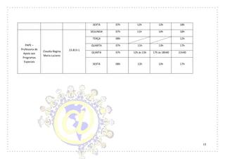 13
SEXTA 07h 12h 13h 18h
PAPE –
Professora de
Apoio aos
Programas
Especiais
Claudia Regina
Maria Luciano
23.813-1
SEGUNDA 07h 11h 14h 18h
TERÇA 08h 12h
QUARTA 07h 11h 13h 17h
QUINTA 07h 12h às 13h 17h às 18h40 21h40
SEXTA 08h 12h 13h 17h
 