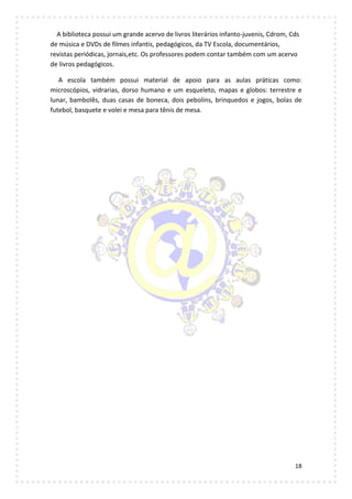 18
A biblioteca possui um grande acervo de livros literários infanto-juvenis, Cdrom, Cds
de música e DVDs de filmes infantis, pedagógicos, da TV Escola, documentários,
revistas periódicas, jornais,etc. Os professores podem contar também com um acervo
de livros pedagógicos.
A escola também possui material de apoio para as aulas práticas como:
microscópios, vidrarias, dorso humano e um esqueleto, mapas e globos: terrestre e
lunar, bambolês, duas casas de boneca, dois pebolins, brinquedos e jogos, bolas de
futebol, basquete e volei e mesa para tênis de mesa.
 