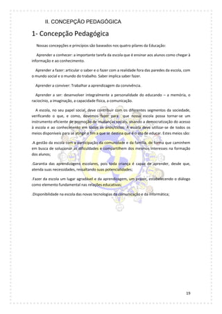 19
II. CONCEPÇÃO PEDAGÓGICA
1- Concepção Pedagógica
Nossas concepções e princípios são baseados nos quatro pilares da Educação:
Aprender a conhecer: a importante tarefa da escola que é ensinar aos alunos como chegar à
informação e ao conhecimento.
Aprender a fazer: articular o saber e o fazer com a realidade fora das paredes da escola, com
o mundo social e o mundo do trabalho. Saber implica saber fazer.
Aprender a conviver: Trabalhar a aprendizagem da convivência.
Aprender a ser: desenvolver integralmente a personalidade do educando – a memória, o
raciocínio, a imaginação, a capacidade física, a comunicação.
A escola, no seu papel social, deve contribuir com os diferentes segmentos da sociedade,
verificando o que, e como, devemos fazer para que nossa escola possa tornar-se um
instrumento eficiente de promoção de mudanças sociais, visando a democratização do acesso
à escola e ao conhecimento em todos os anos/ciclos. A escola deve utilizar-se de todos os
meios disponíveis para se atingir o fim a que se destina que é o ato de educar. Estes meios são:
.A gestão da escola com a participação da comunidade e da família, de forma que caminhem
em busca de solucionar as dificuldades e compartilhem dos mesmos interesses na formação
dos alunos;
.Garantia das aprendizagens escolares, pois toda criança é capaz de aprender, desde que,
atenda suas necessidades, ressaltando suas potencialidades;
.Fazer da escola um lugar agradável e da aprendizagem, um prazer, estabelecendo o diálogo
como elemento fundamental nas relações educativas;
.Disponibilidade na escola das novas tecnologias da comunicação e da informática;
 