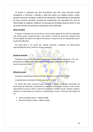 50
O quadro é composto por dois funcionários que têm como principal função
recepcionar e controlar a entrada e saída dos alunos na unidade escolar, cuidar,
quando necessário da higiene corporal dos educandos, responsabilizar-se pela guarda
do aluno quando solicitado, providenciar atendimento aos educandos em caso de
enfermidade ou acidente, colaborar na execução de atividades diversas dentro e fora
da escola, atender aos professores quando por estes solicitado.
Apoio à limpeza:
O quadro é composto por 6 funcionárias. A rotina deste segmento em 2013 foi organizada
pelo próprio grupo, proporcionando a elas dividir as tarefas de forma que ninguém fique
sobrecarregada. Na ausência de alguma funcionária, o serviço tem de ser reorganizado, pois a
escola não pode parar.
De modo geral, é um grupo que, quando chamado a colaborar em determinadas
especificidades da rotina, mostra-se sempre disponível.
Equipe de merenda:
Contamos com o serviço terceirizado da empresa Empresa Restaurante Júnior - E.R.J. que
desempenha a contento suas atribuições. Há 3 funcionárias prestando serviço em nossa
escola, no período diurno.
Oficiais de escola:
O quadro é composto por duas funcionárias, divididas na carga horária abaixo.
O atendimento na Secretária é ininterrupto das 7h às 18h.
As oficiais têm como principal função organizar e manter atualizados prontuários de
documentos de educandos, procedendo ao registro e escrituração relativos à vida escolar,
especialmente no que se refere a matrícula, frequência e histórico escolar, atender o público,
alimentar as informações nos sistemas e colaborar para manter o fluxo das informações da
U.E.
 Arlete Granadeiro Garcia – 7h00 às 16h00
 Mariana de Oliveira Cabral – 9h00 às 18h00
 