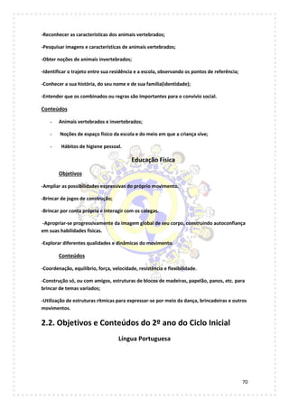 70
-Reconhecer as características dos animais vertebrados;
-Pesquisar imagens e características de animais vertebrados;
-Obter noções de animais invertebrados;
-Identificar o trajeto entre sua residência e a escola, observando os pontos de referência;
-Conhecer a sua história, do seu nome e de sua família(identidade);
-Entender que os combinados ou regras são importantes para o convívio social.
Conteúdos
- Animais vertebrados e invertebrados;
- Noções de espaço físico da escola e do meio em que a criança vive;
- Hábitos de higiene pessoal.
Educação Física
Objetivos
-Ampliar as possibilidades expressivas do próprio movimento.
-Brincar de jogos de construção;
-Brincar por conta própria e interagir com os colegas.
-Apropriar-se progressivamente da imagem global de seu corpo, construindo autoconfiança
em suas habilidades físicas.
-Explorar diferentes qualidades e dinâmicas do movimento.
Conteúdos
-Coordenação, equilíbrio, força, velocidade, resistência e flexibilidade.
-Construção só, ou com amigos, estruturas de blocos de madeiras, papelão, panos, etc. para
brincar de temas variados;
-Utilização de estruturas rítmicas para expressar-se por meio da dança, brincadeiras e outros
movimentos.
2.2. Objetivos e Conteúdos do 2º ano do Ciclo Inicial
Língua Portuguesa
 
