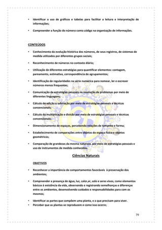 79
• Identificar o uso de gráficos e tabelas para facilitar a leitura e interpretação de
informações;
• Compreender a função do número como código na organização de informações.
CONTEÚDOS
• Conhecimento da evolução histórica dos números, de seus registros, de sistemas de
medida utilizados por diferentes grupos sociais;
• Reconhecimento de números no contexto diário;
• Utilização de diferentes estratégias para quantificar elementos: contagem,
pareamento, estimativa, correspondência de agrupamentos;
• Identificação de regularidades na série numérica para nomear, ler e escrever
números menos frequentes;
• Comunicação de estratégias pessoais na resolução de problemas por meio de
diferentes linguagens;
• Cálculo de adição e subtração por meio de estratégias pessoais e técnicas
convencionais;
• Cálculo da multiplicação e divisão por meio de estratégias pessoais e técnicas
convencionais;
• Dimensionamento de espaços, percebendo relações de tamanho e forma;
• Estabelecimento de comparações entre objetos do espaço físico e objetos
geométricos;
• Comparação de grandezas da mesma natureza, por meio de estratégias pessoais e
uso de instrumentos de medida conhecidos.
Ciências Naturais
OBJETIVOS
• Reconhecer a importância de comportamentos favoráveis à preservação dos
ambientes;
• Compreender a presença de água, luz, calor,ar, solo e seres vivos, como elementos
básicos à existência da vida, observando e registrando semelhanças e diferenças
entre os ambientes, desenvolvendo cuidados e responsabilidades para com os
mesmos;
• Identificar as partes que compõem uma planta, e o que precisam para viver.
• Perceber que as plantas se reproduzem e como isso ocorre;
 