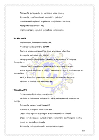 106 
Acompanhar a organização das reuniões de pais e mestres; 
Acompanhar reuniões pedagógicas e/ou HTPC "coletivos"; 
Preencher e enviar planilha de gestão da APM para SE e Contadora; 
Acompanhar os eventos da U.E; 
Implementar ações voltadas à formação da equipe escolar. 
MENSALMENTE 
Implementar o plano de trabalho da APM; 
Presidir as reuniões ordinárias de APM; 
Reunir-se com contadora da APM a fim de acompanhar balancetes; 
Acompanhar saldos bancários da APM; 
Fazer pagamentos pelos membros da APM a seus prestadores de serviços e fornecedores; 
Pesquisar preços de produtos e serviços a serem contratados pela APM; 
Atestar as folhas de frequência, mapa da merenda, solicitação de material básico ao almoxarifado; 
Verificar a demanda para compras de materiais pedagógicos e secretaria; 
Participar de reuniões com chefia imediata; 
SEMANALMENTE 
Coordenar reunião de rotina entre a Equipe; 
Participar de reunião com equipe técnica da Secretaria de Educação na unidade escolar; 
Acompanhar extratos bancários da APM; 
Providenciar os resgates bancários da APM; 
Checar com a Vigilância as condições da escola nos finais de semana; 
Checar entrada e saída de alunos, bem como atendimento pelo transporte escolar; 
Investir em formação continuada; 
Acompanhar registros feitos pelos alunos por amostragem.  